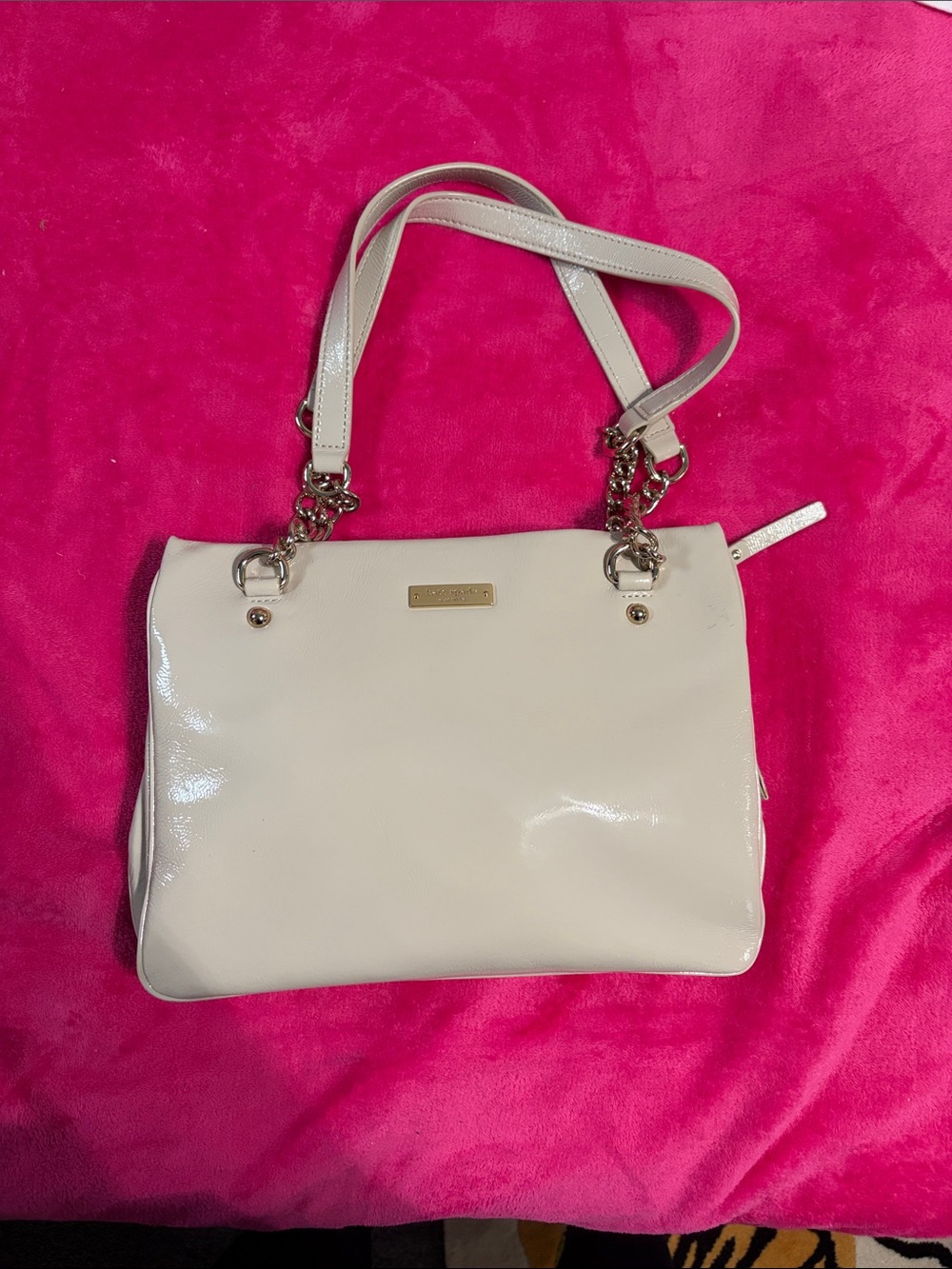 Patent Cream Shoulder Bag with Chain-Trim Straps